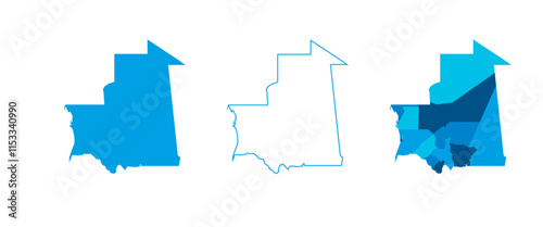 Mauritania set of three maps - solid map, outline map and map highlighting administrative divisions. Three distinct maps illustrate various representations of a geographical area.