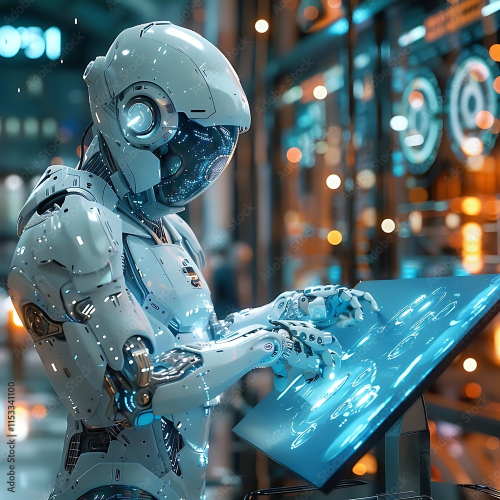 Futuristic robot using a digital interface in a high-tech environment. Futuristic robot using a digital interface in a high-tech environment.