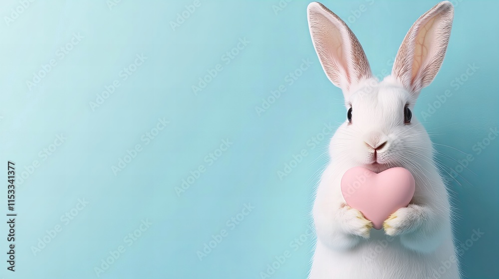 Obraz premium Cute bunny holding heart on blue background