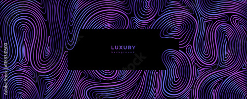 Luxury wavy linear banner. Shiny purple waves on black background. Swirl pattern. Template with gradient lines. Curved lines. Flowing liquid. Abstract technology banner