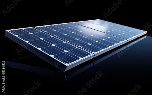 A sleek solar panel with reflective dark blue cells and polished edges, displayed on a bold black background photo