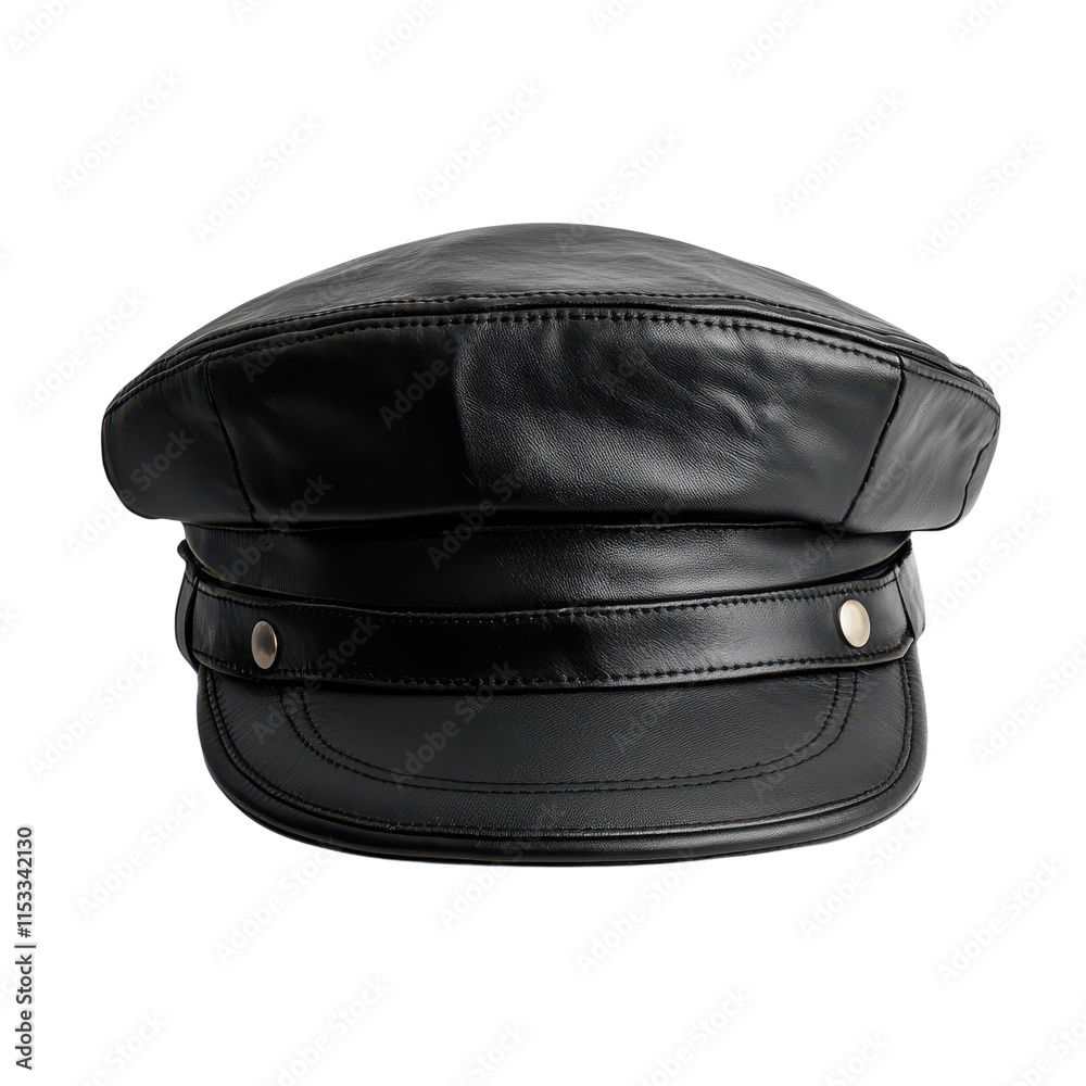 Black leather cap with a rounded shape and shiny finish, ideal for stylish outfits and added flair Black leather cap with a rounded shape and shiny finish, ideal for stylish outfits and added flair