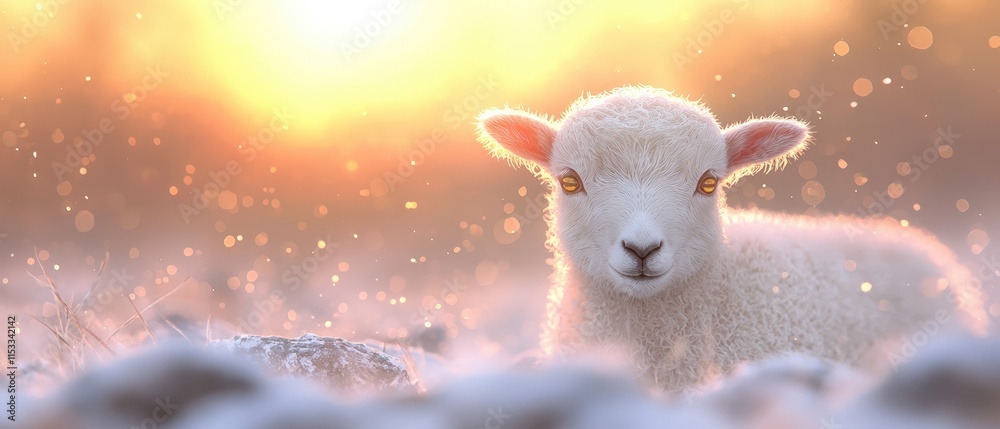 Fototapeta premium Adorable Lamb in Snowy Landscape Golden Hour Sunset Cinematic Lighting