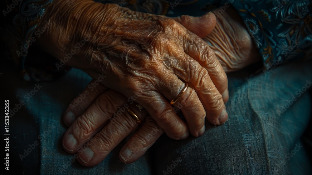 Fototapeta premium Tender clasp of two elderly hands adorned with wedding rings, symbolizing affection and support