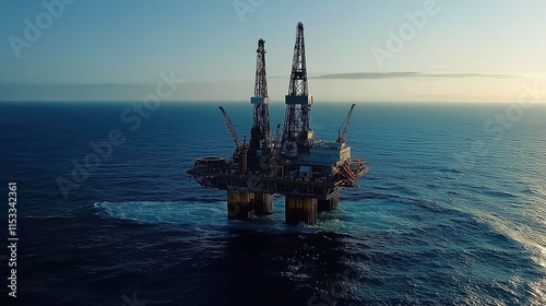 Oil drilling platform standing tall in the vast ocean, symbolizing human innovation and the quest for energy amidst nature's vastness.