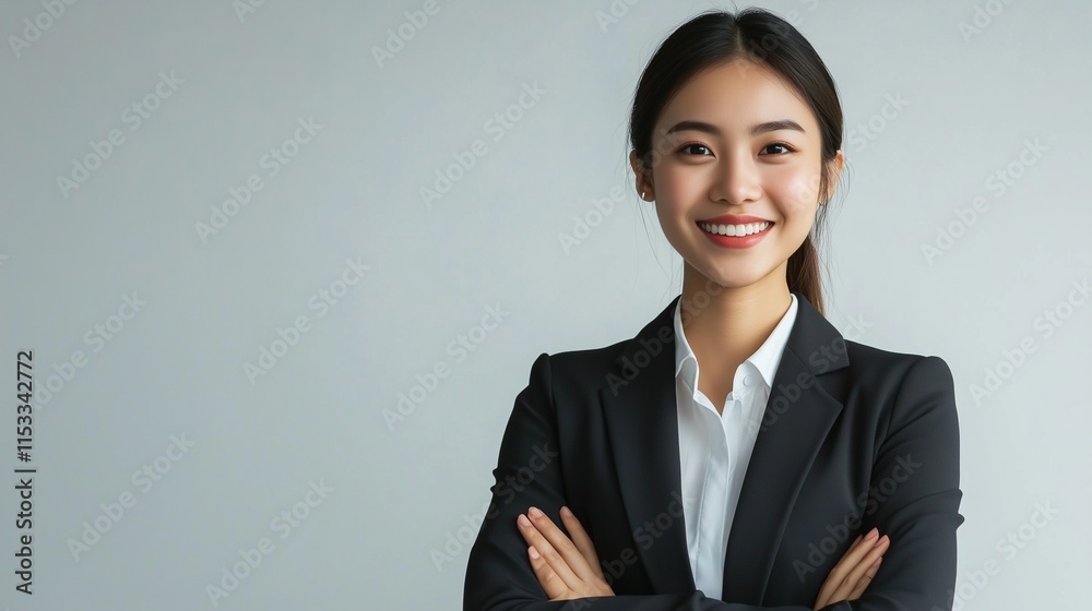 Smiling businesswoman in formal black suit with arms crossed Smiling businesswoman in formal black suit with arms crossed