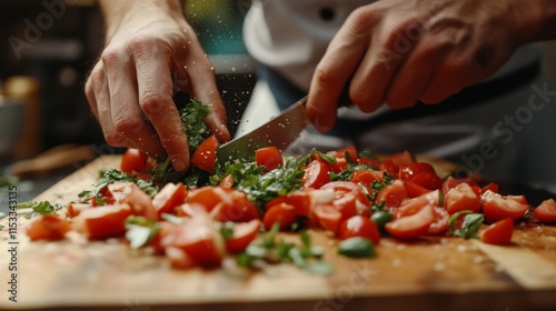 Chef preparing a fresh tomato and basil salad