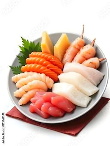 Sashimi Moriawase Platter including variety of raw fish slices such as salmon, shrimp, scallop, and white fish served in plate isolated on napkin side view of Japanese food on white background photo