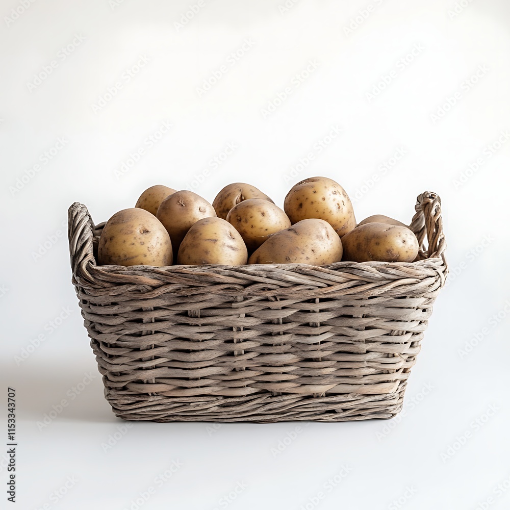 A woven basket filled with fresh potatoes is isolated on a white background A woven basket filled with fresh potatoes is isolated on a white background