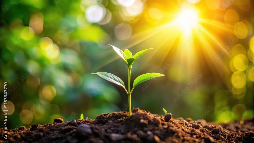 A young seedling stands tall amidst lush greenery, basking in the warm morning light filtering through the leaves , new growth, young plant A young seedling stands tall amidst lush greenery, basking in the warm morning light filtering through the leaves , new growth, young plant