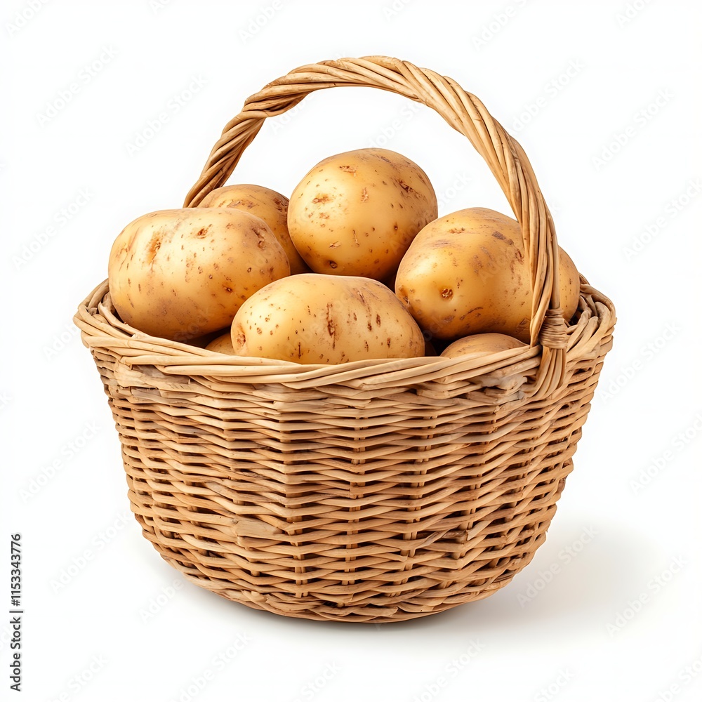 A woven basket filled with fresh potatoes is isolated on a white background A woven basket filled with fresh potatoes is isolated on a white background