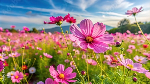 Vast expanse of vibrant pink cosmos flowers swaying gently in the breeze amidst a lush green landscape on a warm summer day, bloom, cosmos flowers