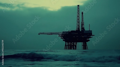 Oil drilling platform standing tall in the vast ocean, symbolizing human innovation and the quest for energy amidst nature's vastness. photo