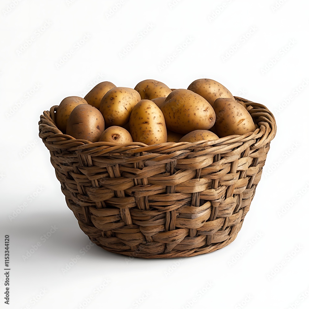 A woven basket filled with fresh potatoes is isolated on a white background A woven basket filled with fresh potatoes is isolated on a white background