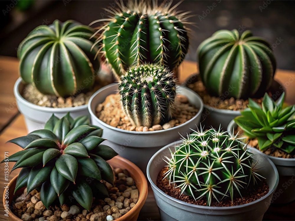Cacti in round pots on a black background. Cacti in round pots on a black background.