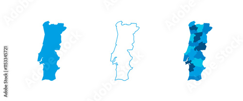 Portugal set of three maps - solid map, outline map and map highlighting administrative divisions. Three distinct maps illustrate various representations of a geographical area.