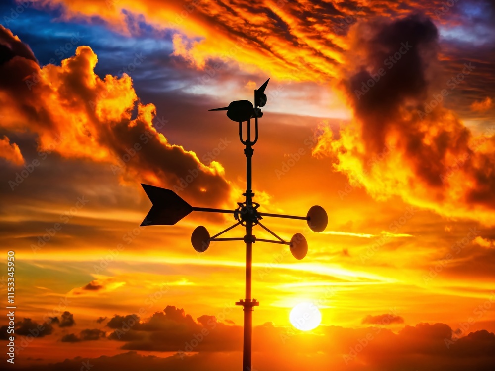 Obraz premium Silhouette of a Wind Direction Meter Against a Dramatic Sunset Sky