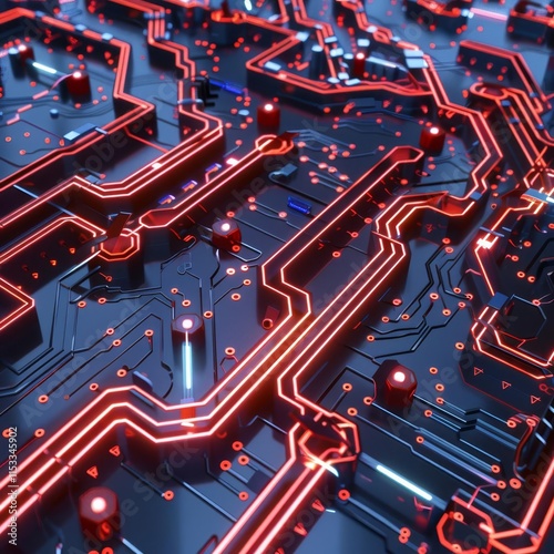137 Nanoscale electronic circuit paths on quantum computing chip render 3D