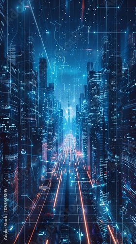156 Futuristic virtual hologram projection of data cityscape interface 3D
