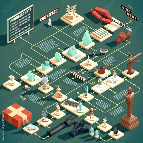 163 Strategic 3D cartoon business flowchart illustrating a multistep plan