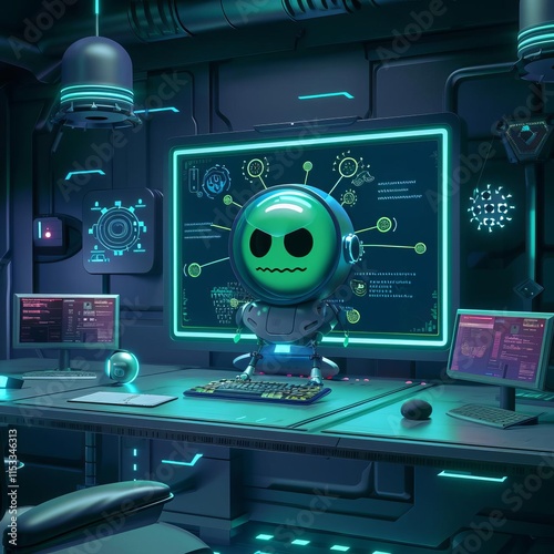 196 Advanced 3D cartoon AI cybersecurity system scanning for malware threats