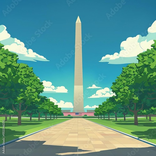 317 Patriotic 3D cartoon scene of the Washington Monument on the National Mall for Independence Day