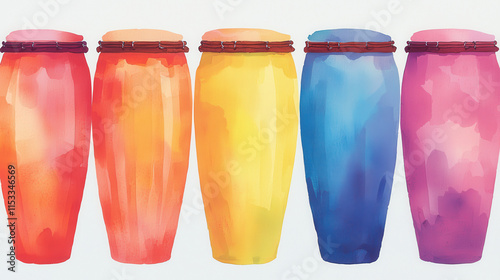 Colorful watercolor congas in vibrant row isolated design on white background