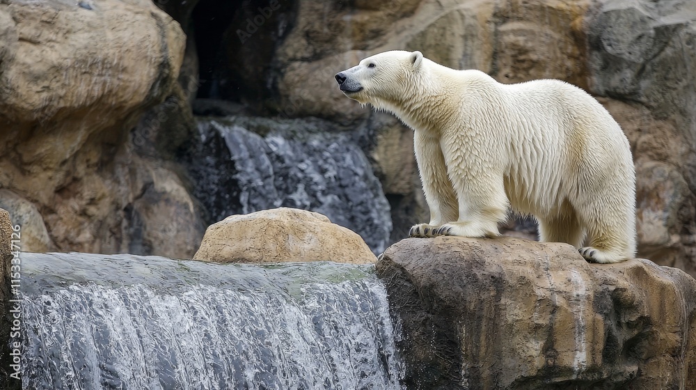 Polar Bear by Waterfall in Rocky Habitat Polar Bear by Waterfall in Rocky Habitat