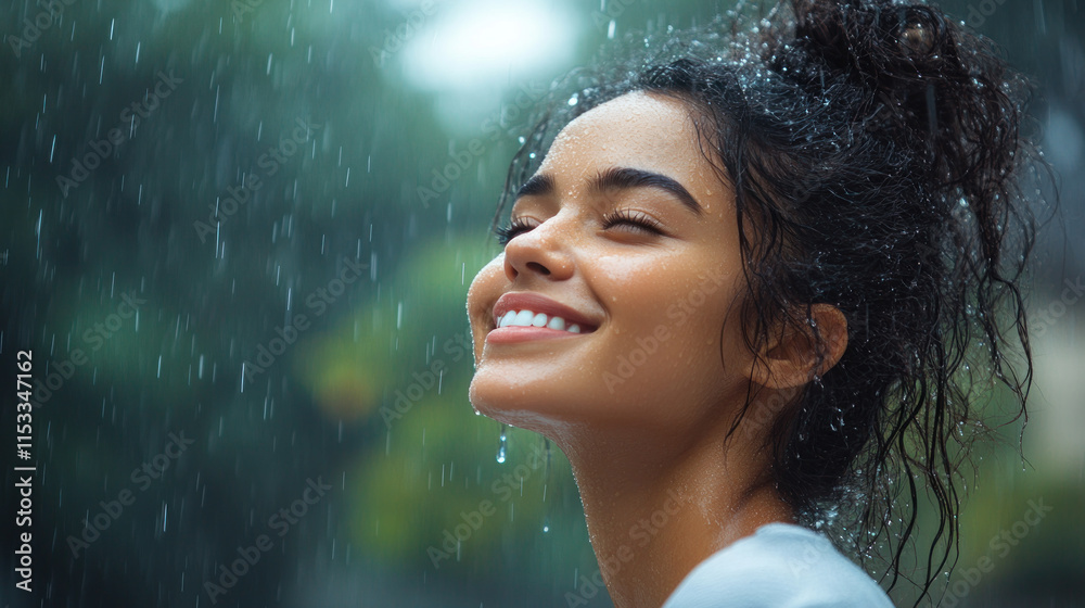 Fototapeta premium Indian woman smiling on a rainy day watching the raindrops fall