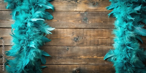 Vintage turquoise feather boas draped on antique wooden tables, luxury, antique,  luxury, antique, opulent photo