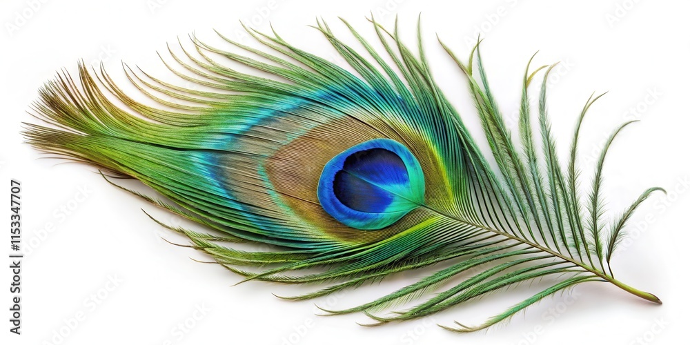 Fototapeta premium A stunning peacock feather in shades of blue and green, perfectly centered against a clean white surface, highlighting its unique shape and intricate patterns, detailed, texture