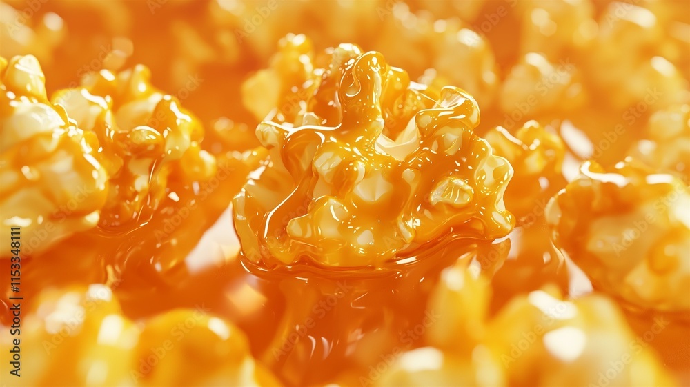Ultra-realistic ad of gourmet caramel popcorn with golden color, glossy caramel, and crunchy texture
