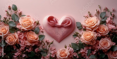 Heart with a Bow and Flowers Happy Valentine Day