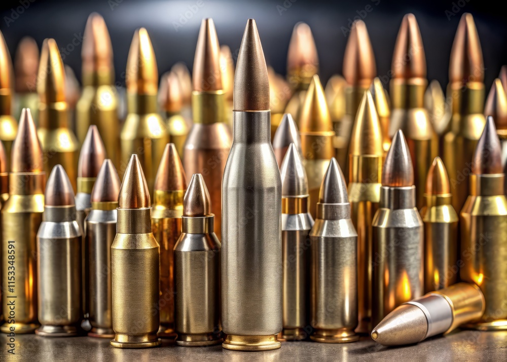 Realistic 3D Render of Bullets: Eye-Level Close-Up - High-Detail Ammunition Photography Realistic 3D Render of Bullets: Eye-Level Close-Up - High-Detail Ammunition Photography