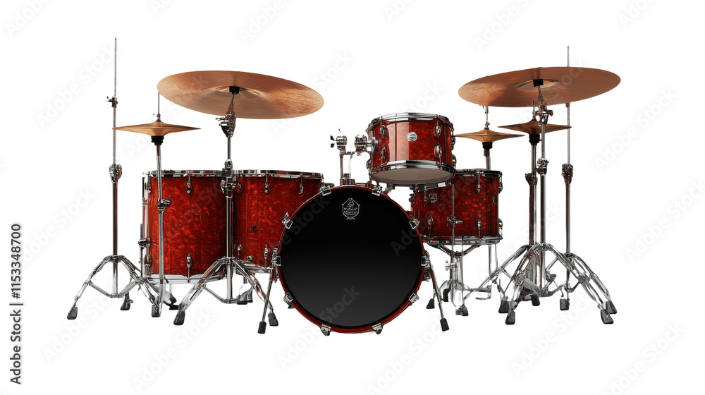 Red drum set with cymbals and stands, isolated on transparent background Red drum set with cymbals and stands, isolated on transparent background