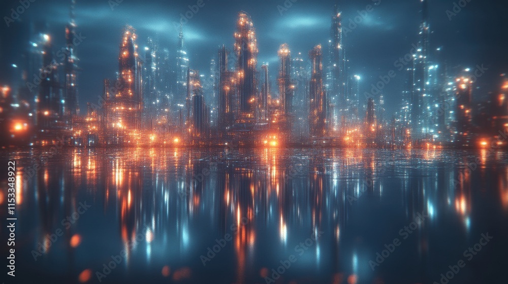 Naklejka premium Futuristic city skyline reflected in water at night.