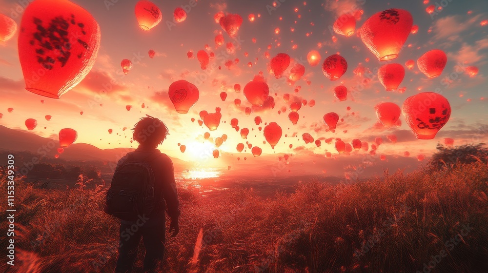 Fototapeta premium Boy watching hundreds of sky lanterns at sunset.