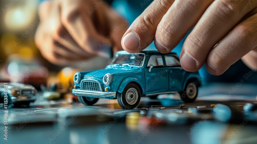 Hands Carefully Placing Blue Toy Car Model Hands Carefully Placing Blue Toy Car Model