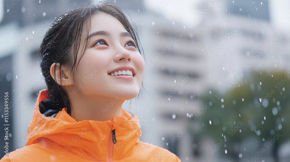 Korean woman smiling on a rainy day watching the raindrops fall Korean woman smiling on a rainy day watching the raindrops fall