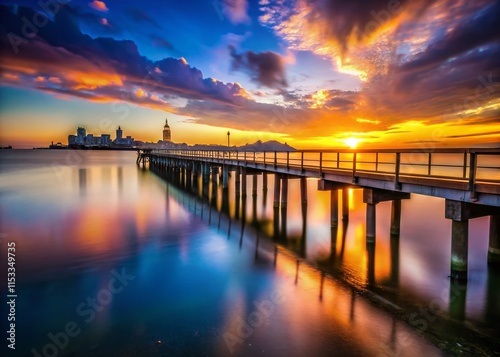 Silhouette of Old Pier at Sunset, Port City Seascape