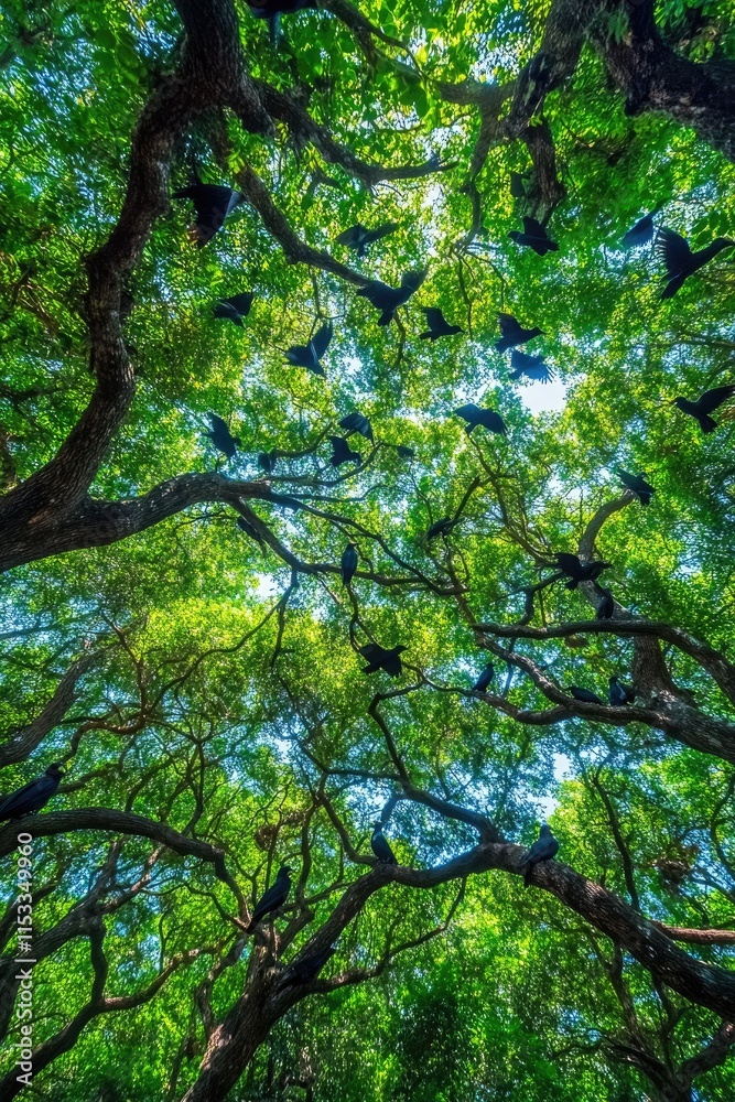 Fototapeta premium A vibrant canopy of green leaves and branches viewed from below, showcasing nature's beauty.
