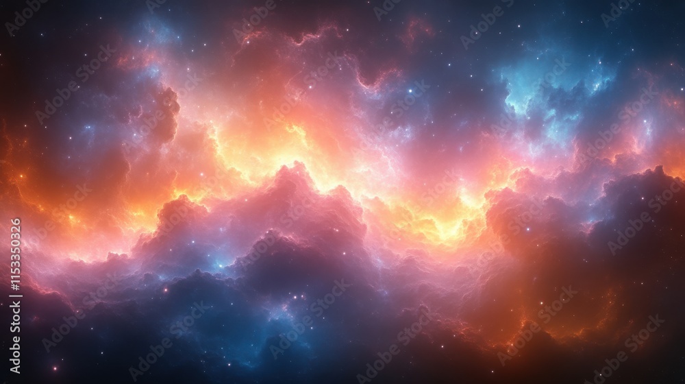 Naklejka premium Cosmic Nebula, fiery orange and blue gas clouds in space.