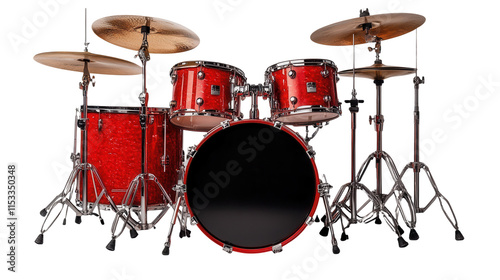 Red drum set with cymbals and stands, isolated on transparent background photo