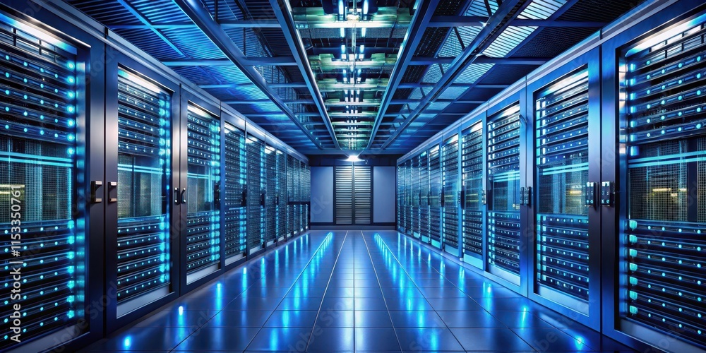 Fototapeta premium Modern data center with rack servers and supercomputers in a dimly lit corridor, surrounded by rows of humming machinery, server farm, industrial facility