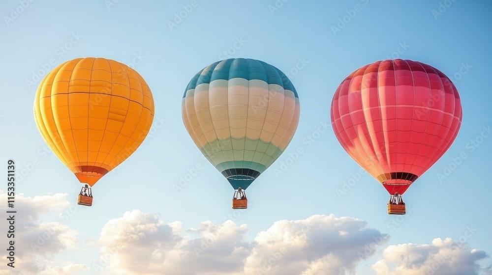 Obraz premium Balloon Flight. Three colorful hot air balloons flying sky sunrise bac