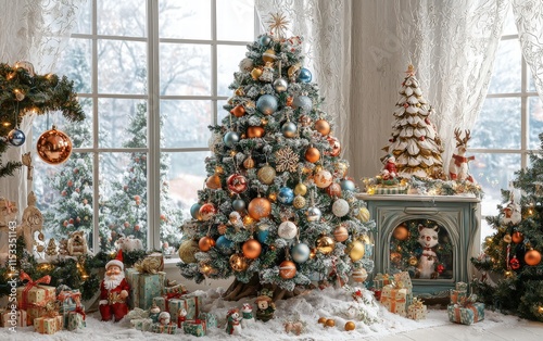 christmass tree with decorations toys and lights on bright background