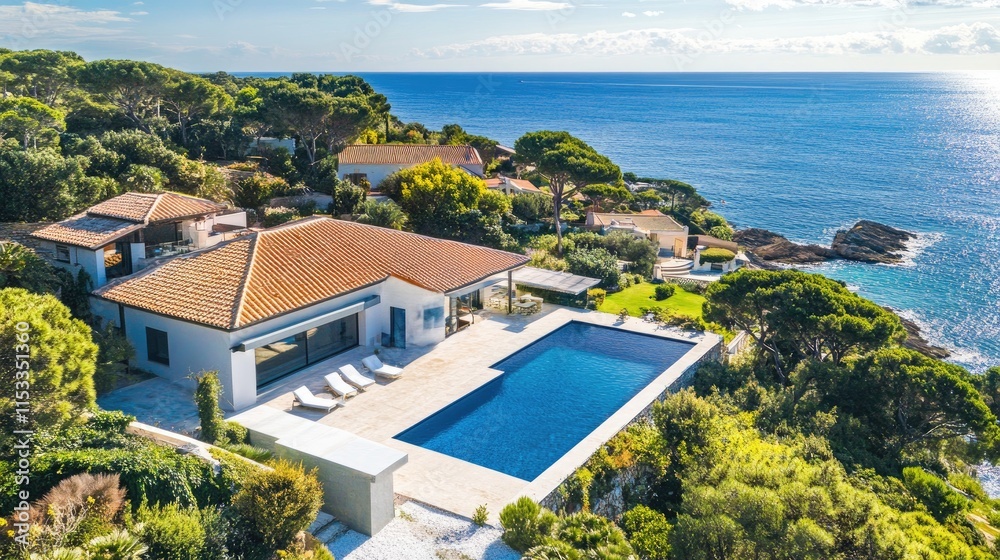 Aerial view of luxury villa with infinity pool overlooking ocean. Aerial view of luxury villa with infinity pool overlooking ocean.