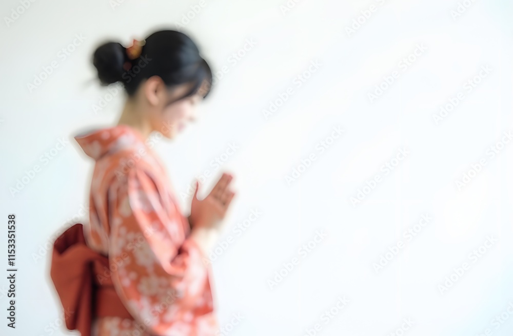 Woman in traditional attire holds hands together in a serene and tranquil setting with soft light Woman in traditional attire holds hands together in a serene and tranquil setting with soft light