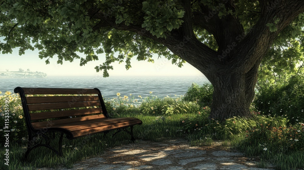 Serene lakeside bench under a tree perfect for relaxation. Serene lakeside bench under a tree perfect for relaxation.