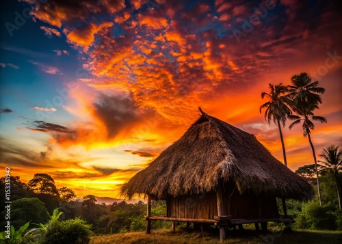 Silhouette of Waorani Hut at Sunset, Ecuadorian Amazon Rainforest photo